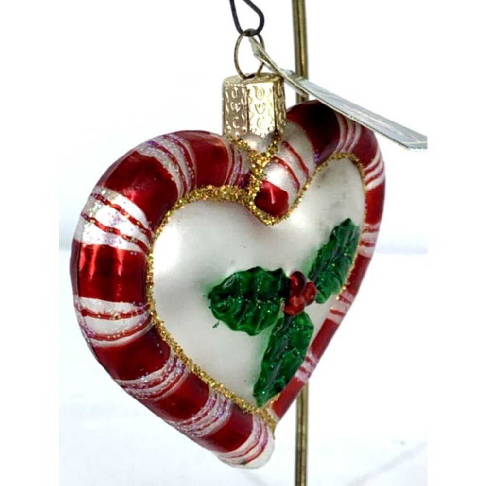 Old World Christmas Our First Christmas Peppermint Heart Blown Glass Ornament 3" - Picture 2 of 7